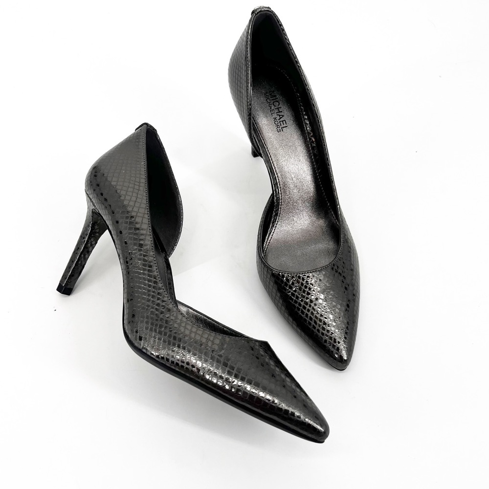 NWOT Michael Michael Kors D'Orsay Snakeskin Embossed Heels in Gunmetal, Size 6.5
